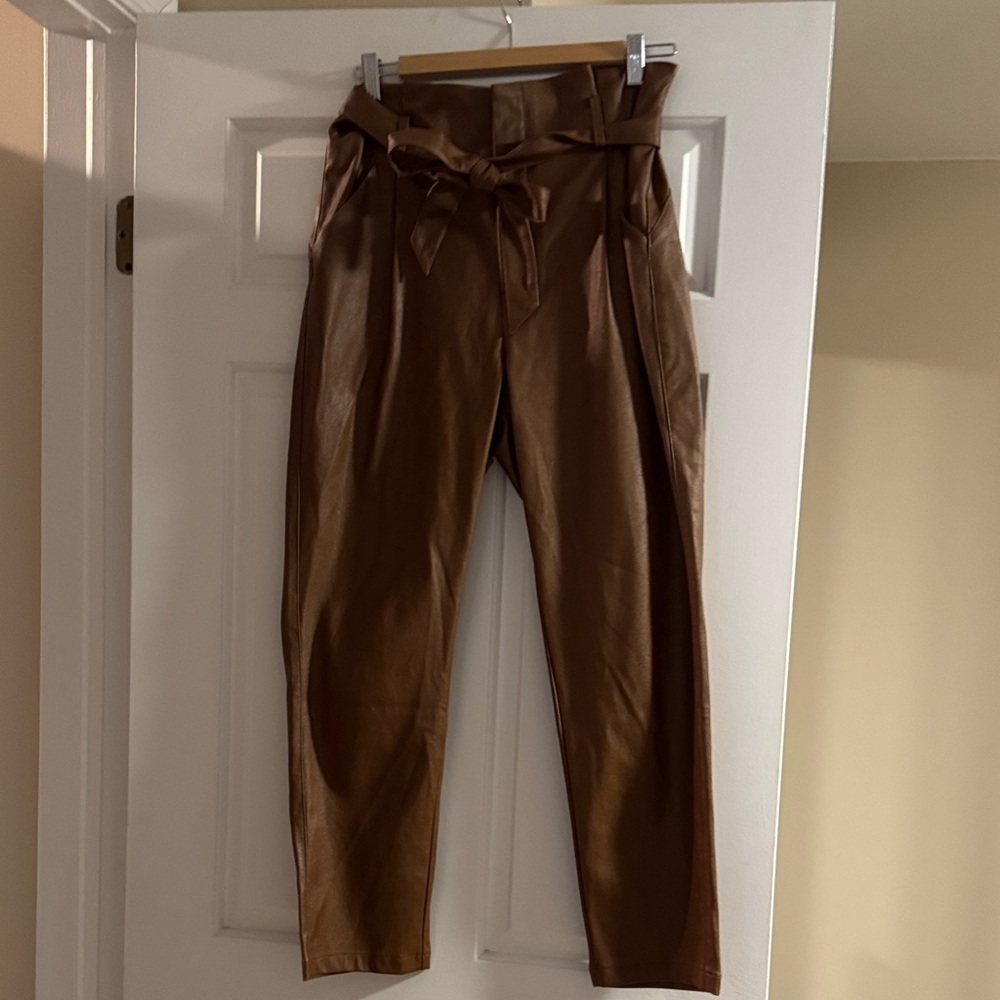Lucy Paris Chocolate Tie-Waist Faux Leather Cropped Pants